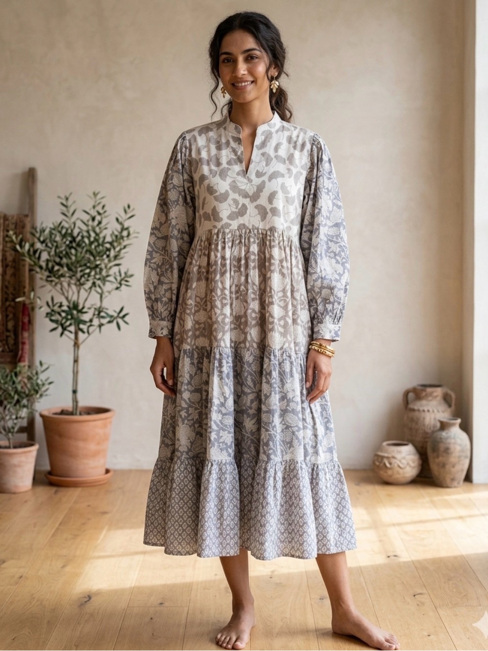 Ginko Leaf Hand Block Printed Cotton Dress L
